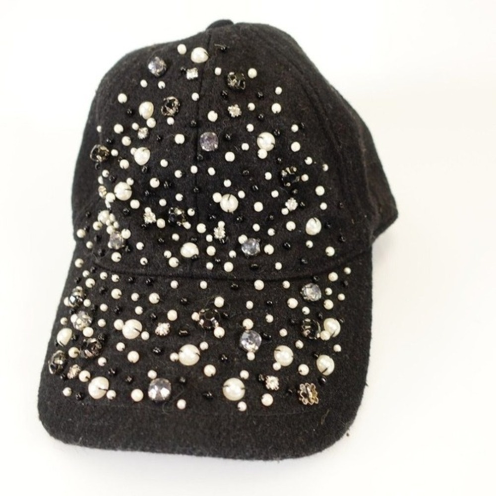 CLUB MONACO Rhinestone Cap Womens Hat Black‎ Wool Metal Belt Buckle Pearl OS